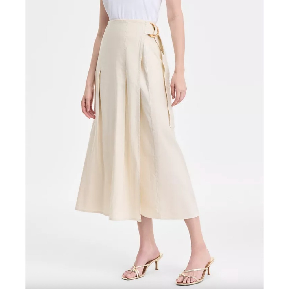 INC Tailored Basic Cream Linen Blend Wrap Midi Skirt Small Wardrobe Staple
